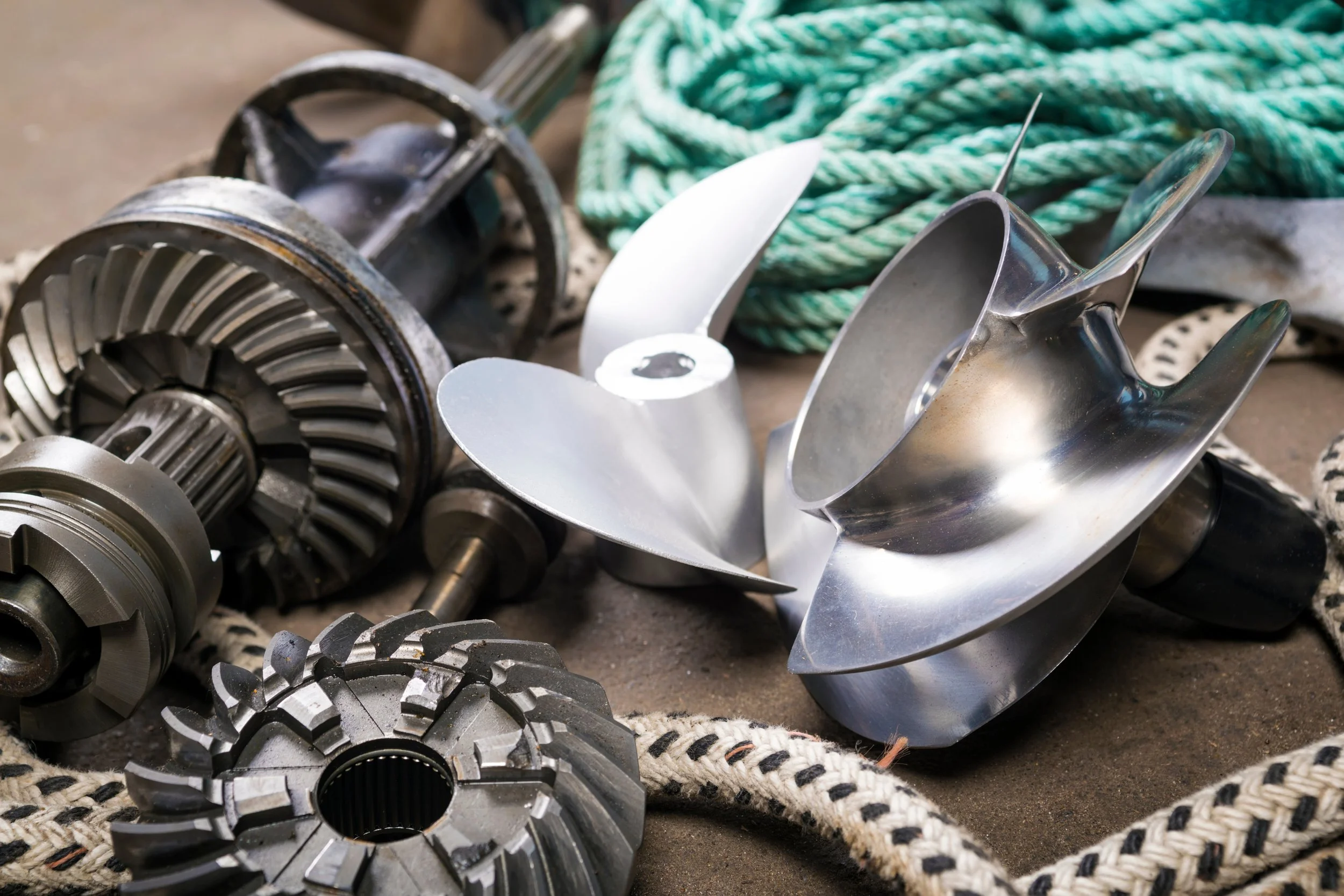 A collection of metal mechanical parts, including gears, a blade, and a fan, arranged on a woven fabric with a green rope in the background.