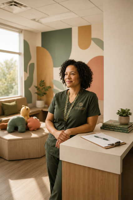 A woman in green medical scrubs standing in a brightly decorated room with abstract wall art, plants, and plush toys on a couch.