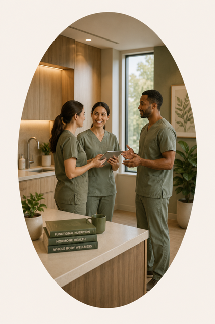 Three healthcare workers in matching scrubs talking and smiling in a modern kitchen or break room with a large window and potted plants.