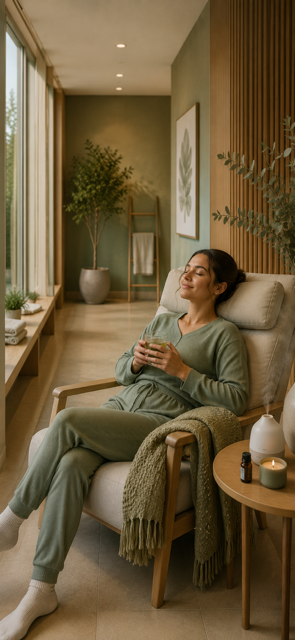 A woman relaxing in a chair in a cozy, modern room, holding a cup, with large windows, green plants, and warm lighting.
