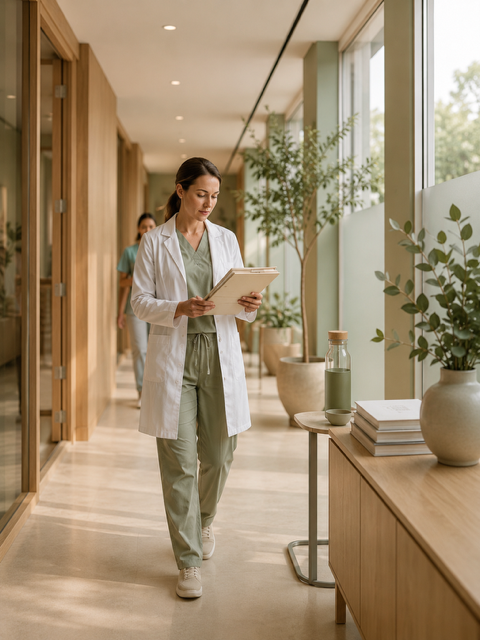Medical professional in green scrubs and white lab coat walking through a bright, modern clinic or hospital hallway, holding a tablet. Potted plants and a wooden table with books and a water bottle are visible.