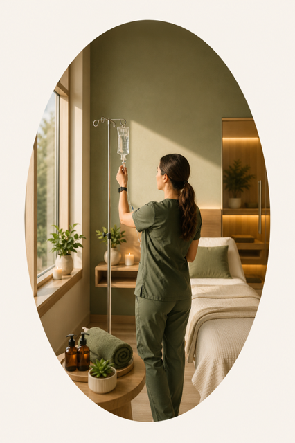A healthcare professional in green scrubs adjusting an IV drip in a well-lit, modern bedroom with plants and a neatly made bed.