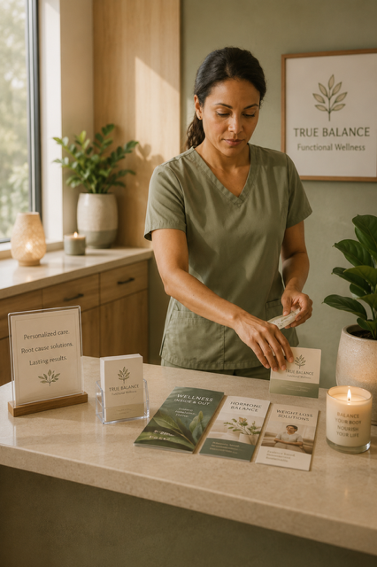 Woman in green scrubs standing at a counter with informational brochures, a lit candle, and a plant in a wellness setting, with a framed sign reading 'True Balance Functional Wellness' in the background.