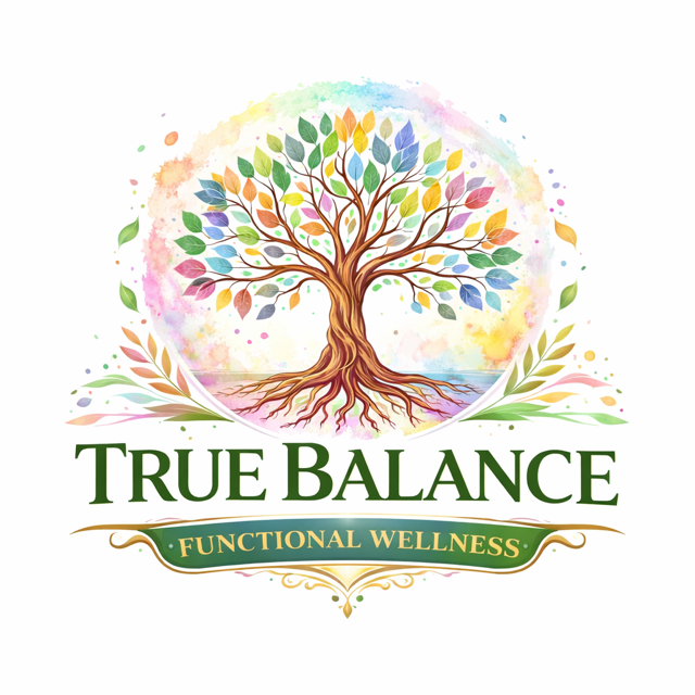 Illustration of a tree with colorful leaves and roots, surrounded by watercolor splashes, with text 'True Balance Functional Wellness' below.