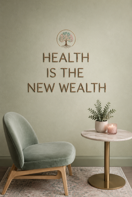 A light green chair next to a small round table with a plant and a candle, against a wall with a quote that says "Health is the new wealth" and a tree illustration.