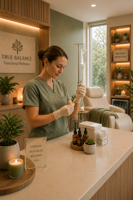 A woman in medical scrubs preparing a syringe in a wellness clinic with natural light, plants, candles, and wellness products.