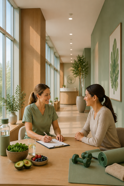 Two women having a consultation at a wellness center or clinic, with health-related items on the table including green vegetables, fruits, a water bottle, and workout equipment.