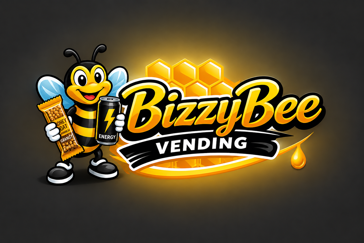 A cartoon bee holding a honey oat snack and an energy drink, with the text 'BuzzyBee Vending' and a honeycomb design in the background.