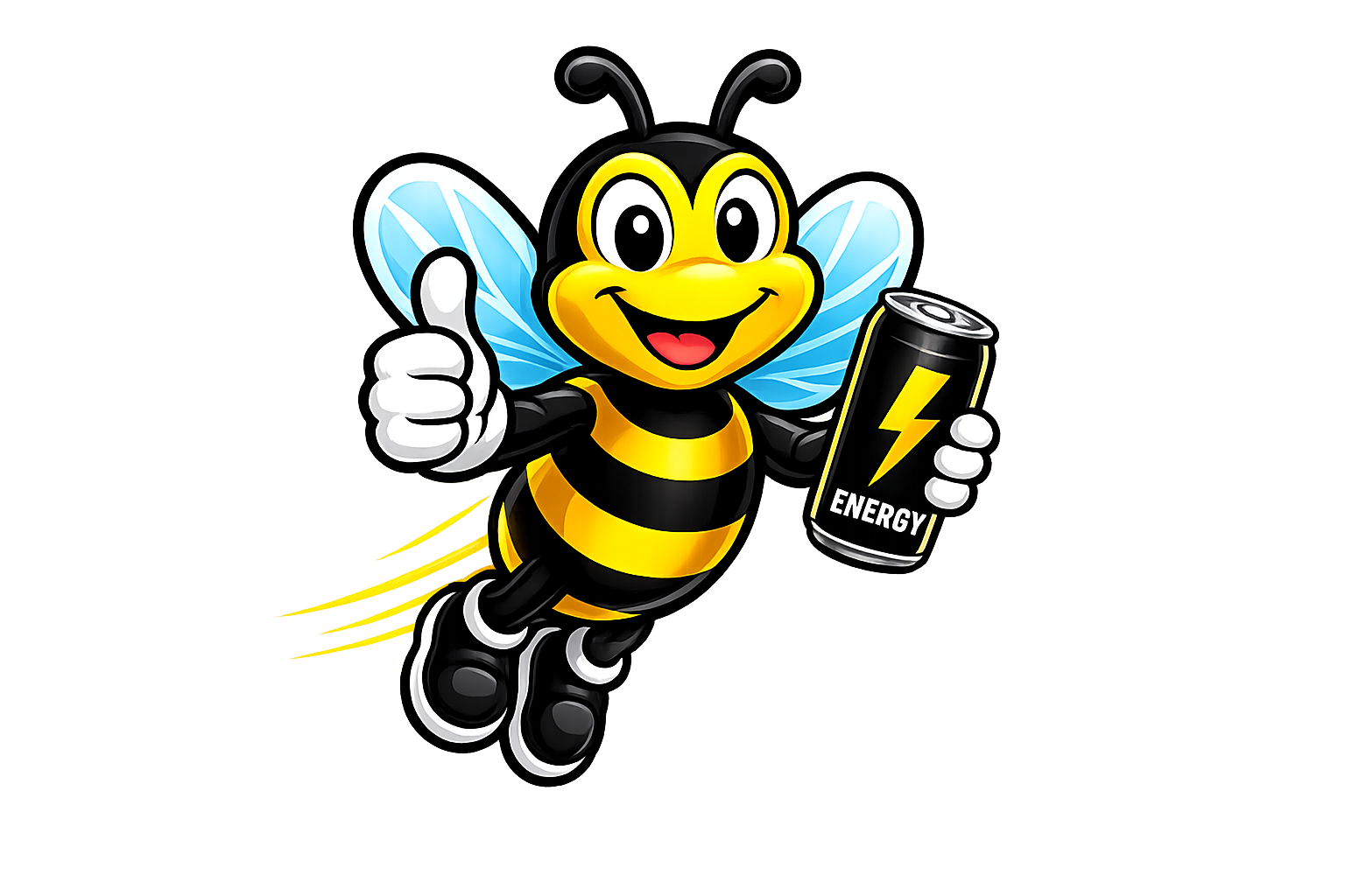 Cartoon bee character with blue wings, black and yellow striped body, giving a thumbs up with one hand and holding a black energy drink can with a lightning bolt symbol in the other.