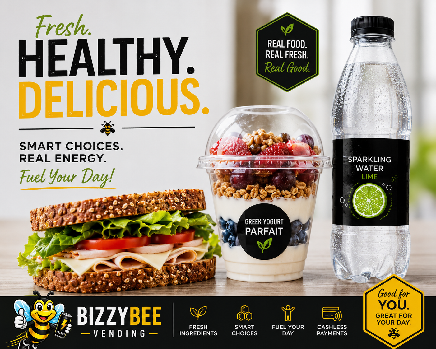 A promotional image for BizzyBee Vending showing a healthy food theme with a sandwich, Greek yogurt parfait with berries, a bottle of sparkling water with lime, and text emphasizing fresh, healthy, and delicious options.