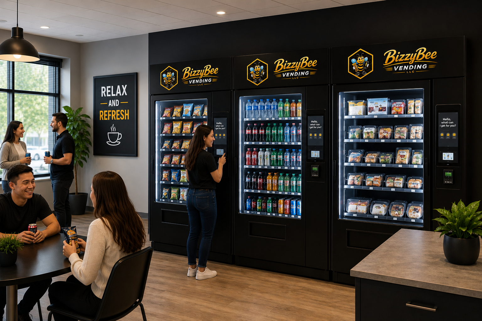 People in a break room at a vending machine area, with one person selecting a snack, others sitting at a table with drinks, and two individuals chatting near the vending machines.