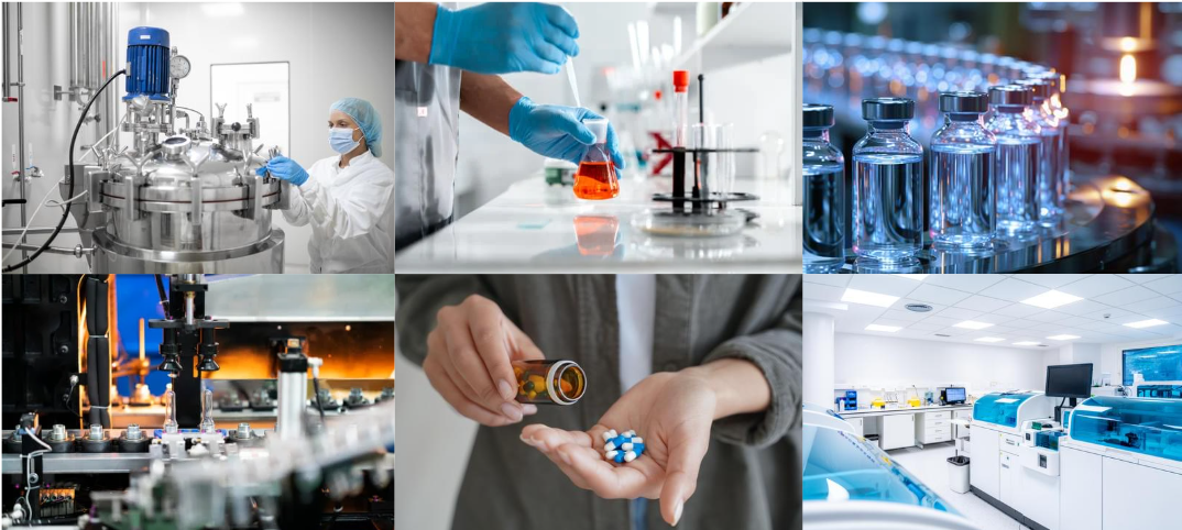 Assembly line with robotic machinery, scientists working with chemicals in a lab, bottles filled with liquid, manufacturing process, person holding pills and a bottle of capsules, advanced laboratory equipment.