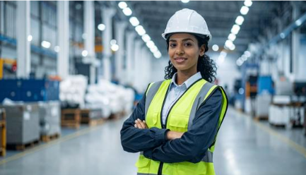 Young woman in a safety helmet and vest standing with crossed arms in a factory or warehouse.