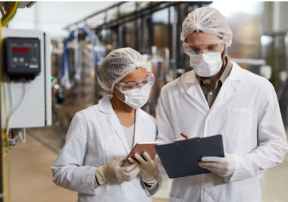Two scientists or workers in a laboratory or industrial setting wearing white lab coats, hairnets, face masks, and gloves, looking at a tablet and clipboard.