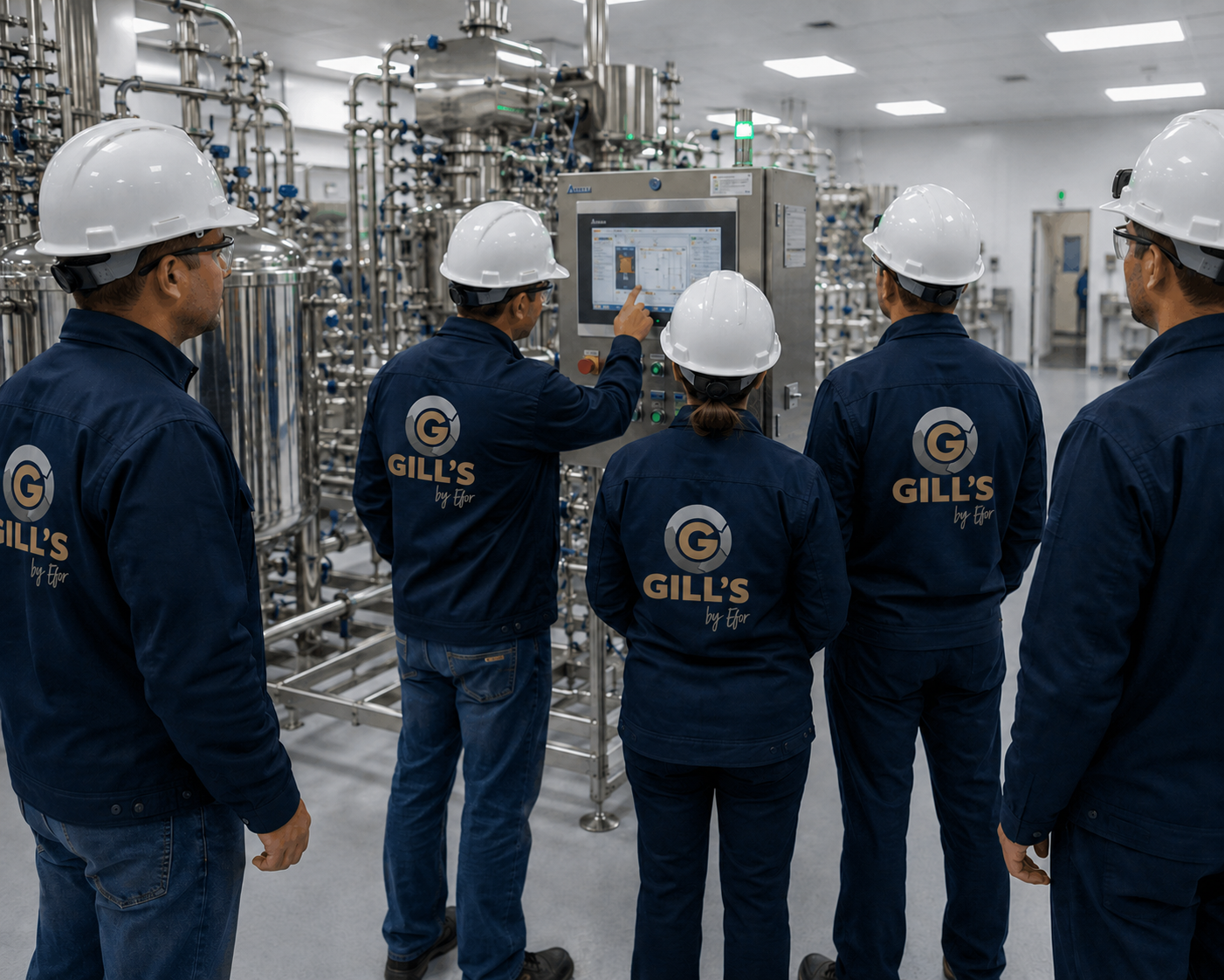 Five workers wearing white safety helmets and navy blue jackets labeled "GILL'S" gather around a control panel with a touchscreen in an industrial facility filled with stainless steel pipes and equipment.