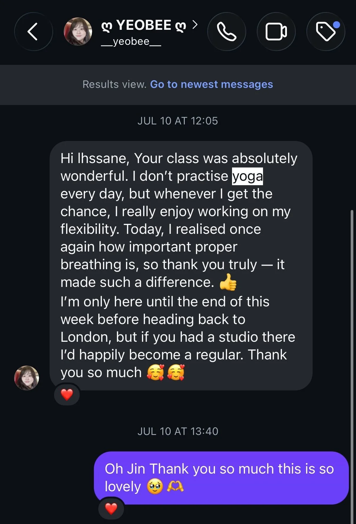 Screenshot of a messaging app conversation, one of Ihssane's yoga students messages about practicing yoga, gratitude, and thankfulness, with emojis included.