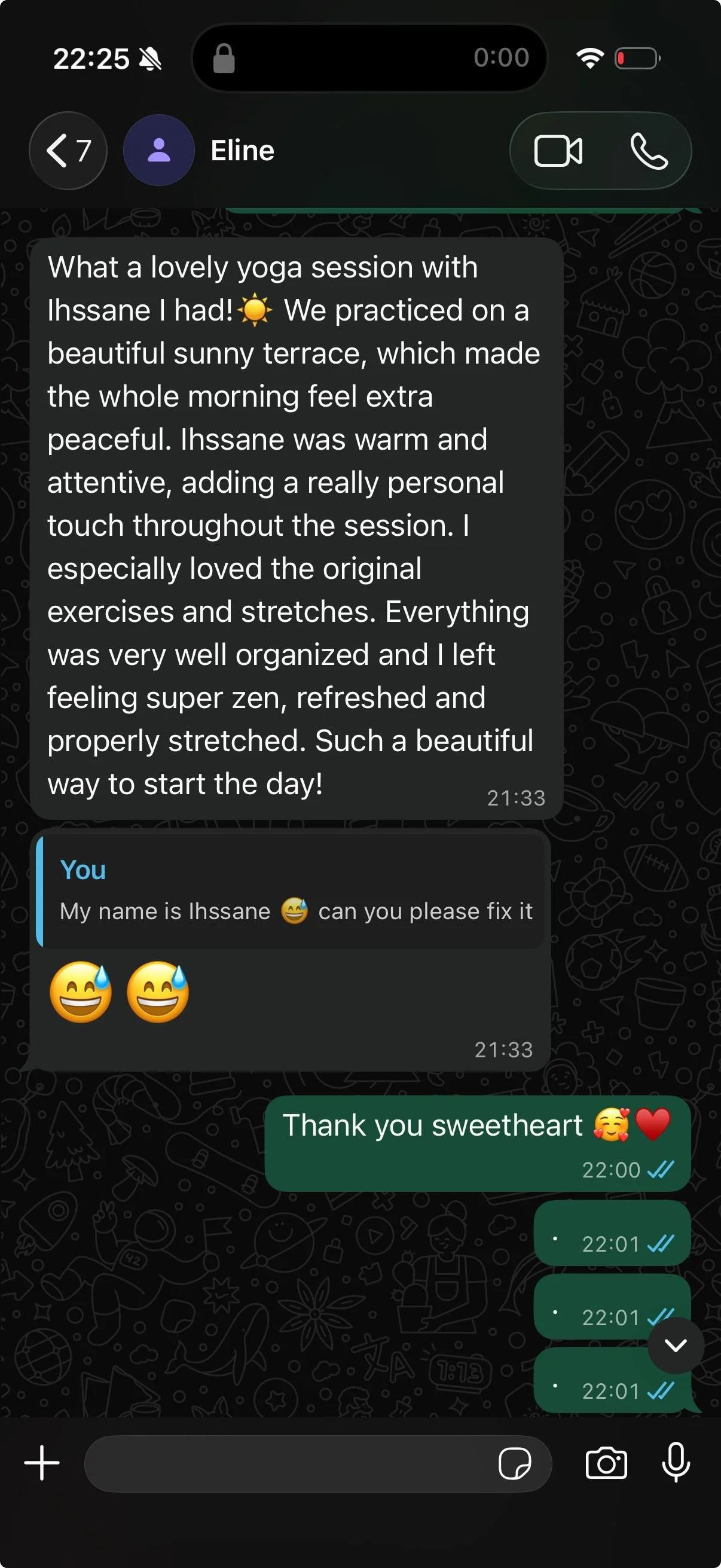 A WhatsApp conversation between Ihssane and one of her students, discussing a yoga session on a sunny terrace, where the student shares positive feedback and she responds with humor and gratitude.
