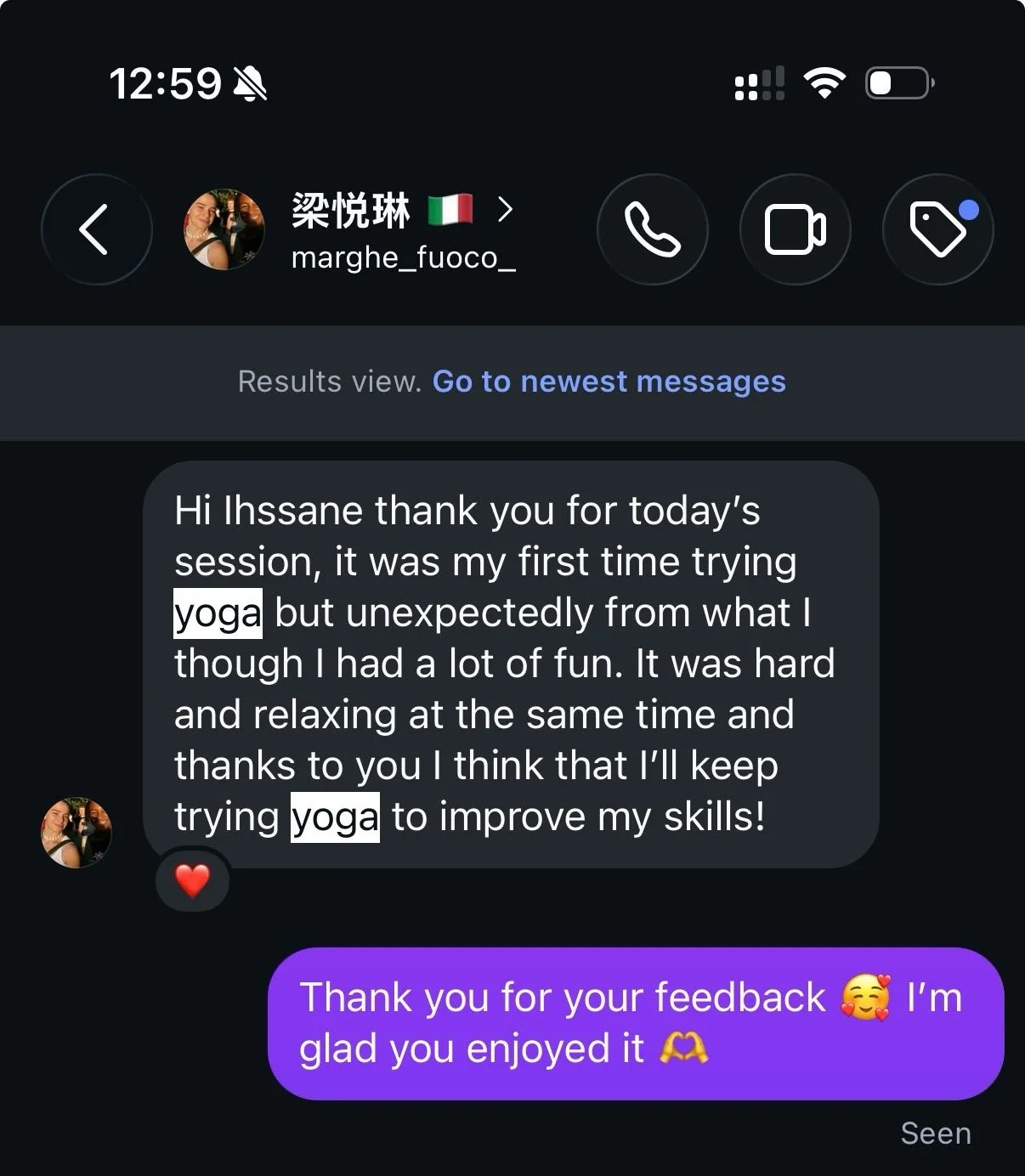 Screenshot of a WhatsApp conversation between two people discussing a yoga session. one of Ihssane's yoga students thanking her for a yoga class they enjoyed