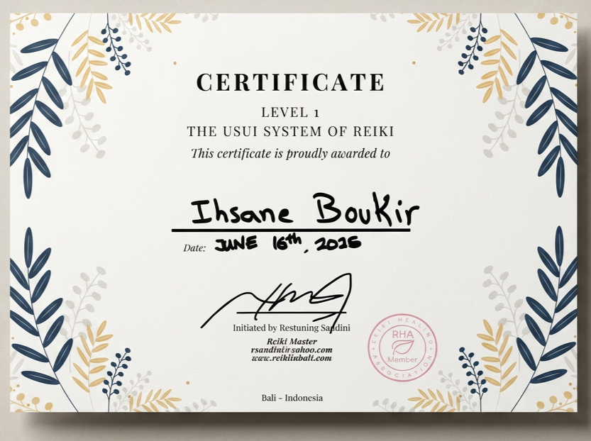 Reiki certification for Level 1 from the USUI System of Reiki was awarded to Ihssane, issued in Bali, Indonesia.
