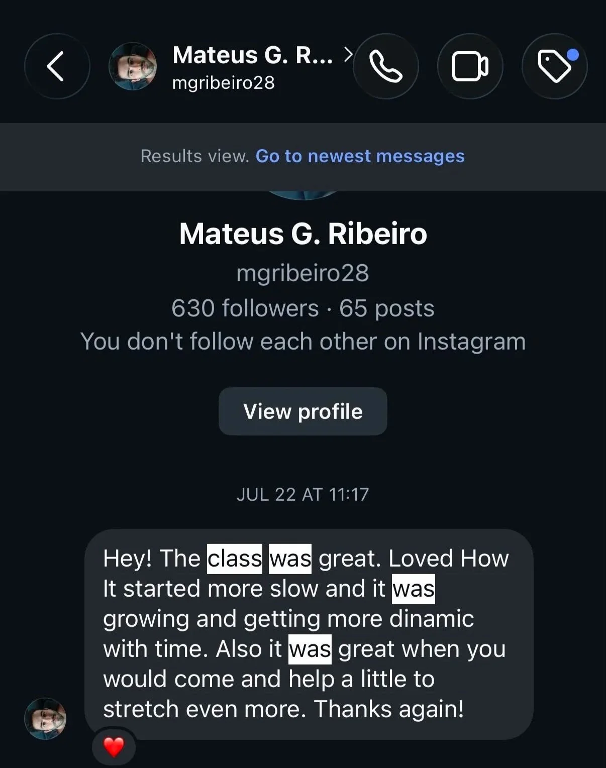 Screenshot of a messaging app with a conversation from one of Ihssane's yoga students, praising a class and expressing gratitude, with a red heart emoji at the bottom.