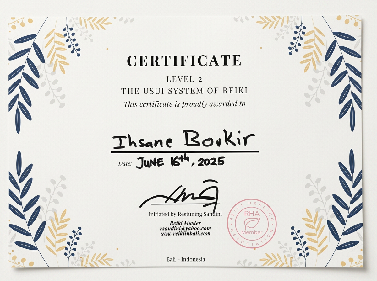 Certificate of achievement for level 2 in the Usui System of Reiki, awarded to Ihssane.