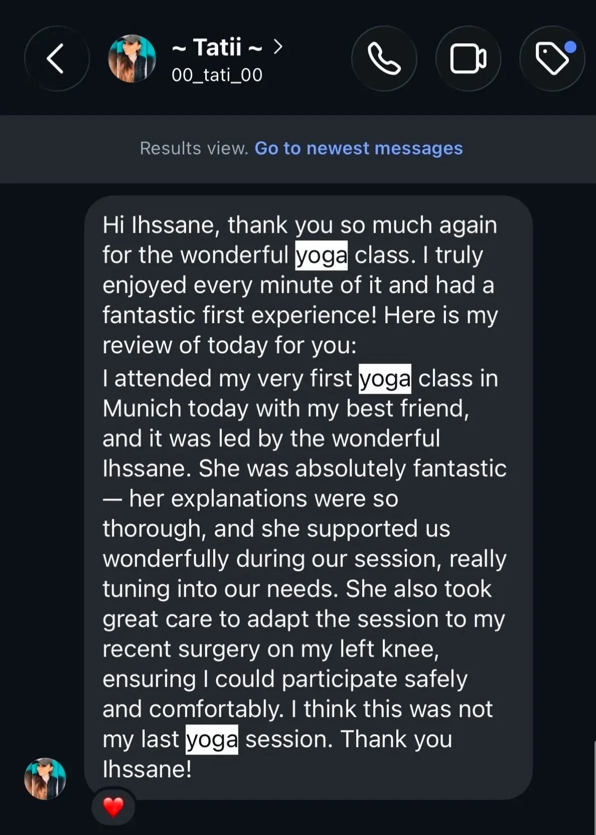 Screenshot of a messaging app conversation with a customer praising a yoga class instructor, mentioning her friendly guidance and support, and including words 'yoga' multiple times.
