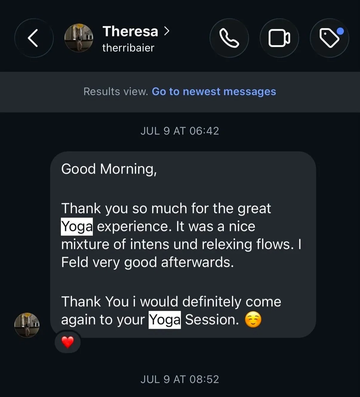 Screenshot of a messaging app conversation with one of Ihssane's yoga students, discussing her positive experience at a yoga session, expressing gratitude, and planning to attend another session.
