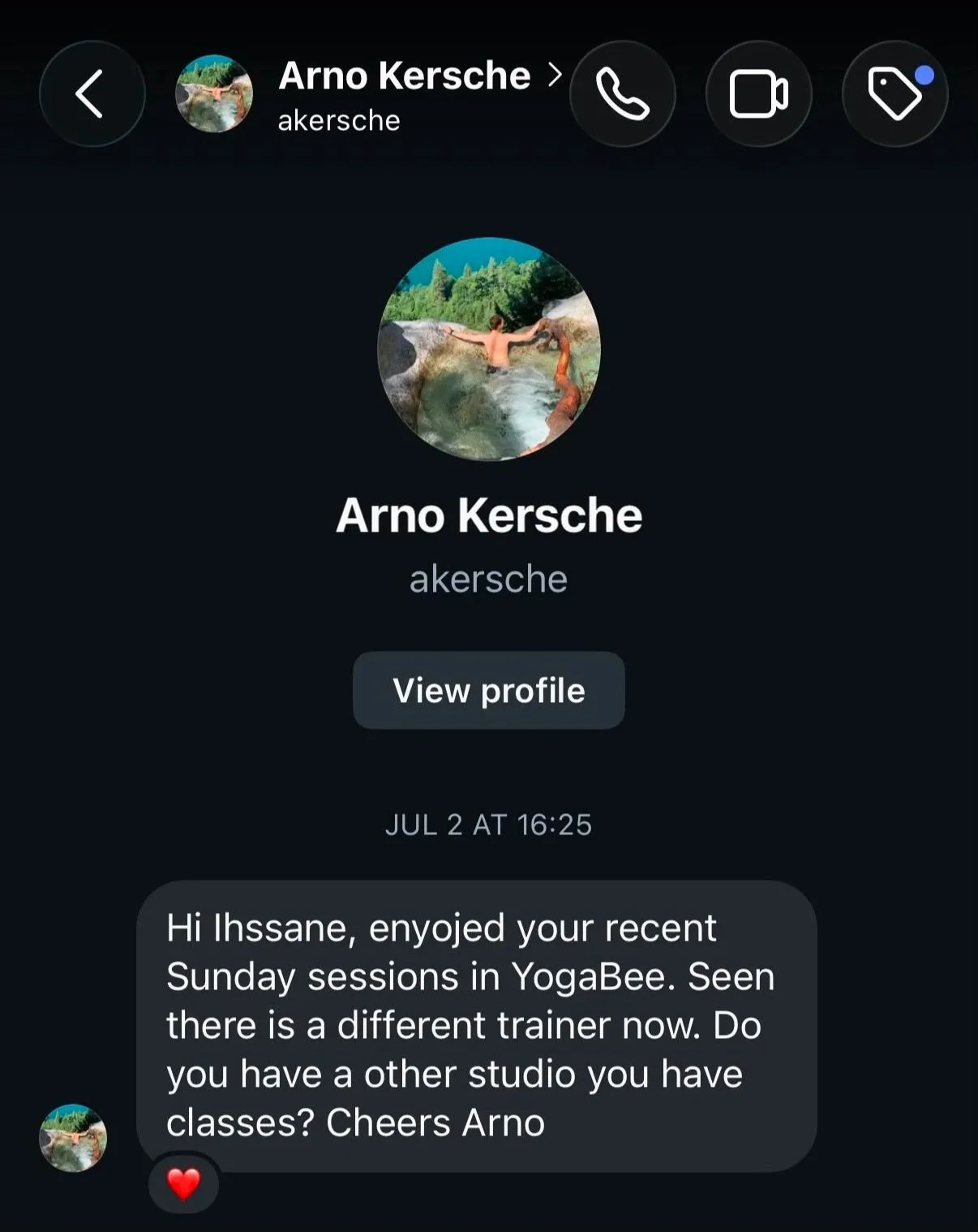 Screenshot of a messaging app conversation between Ihssane and one of her yoga students.