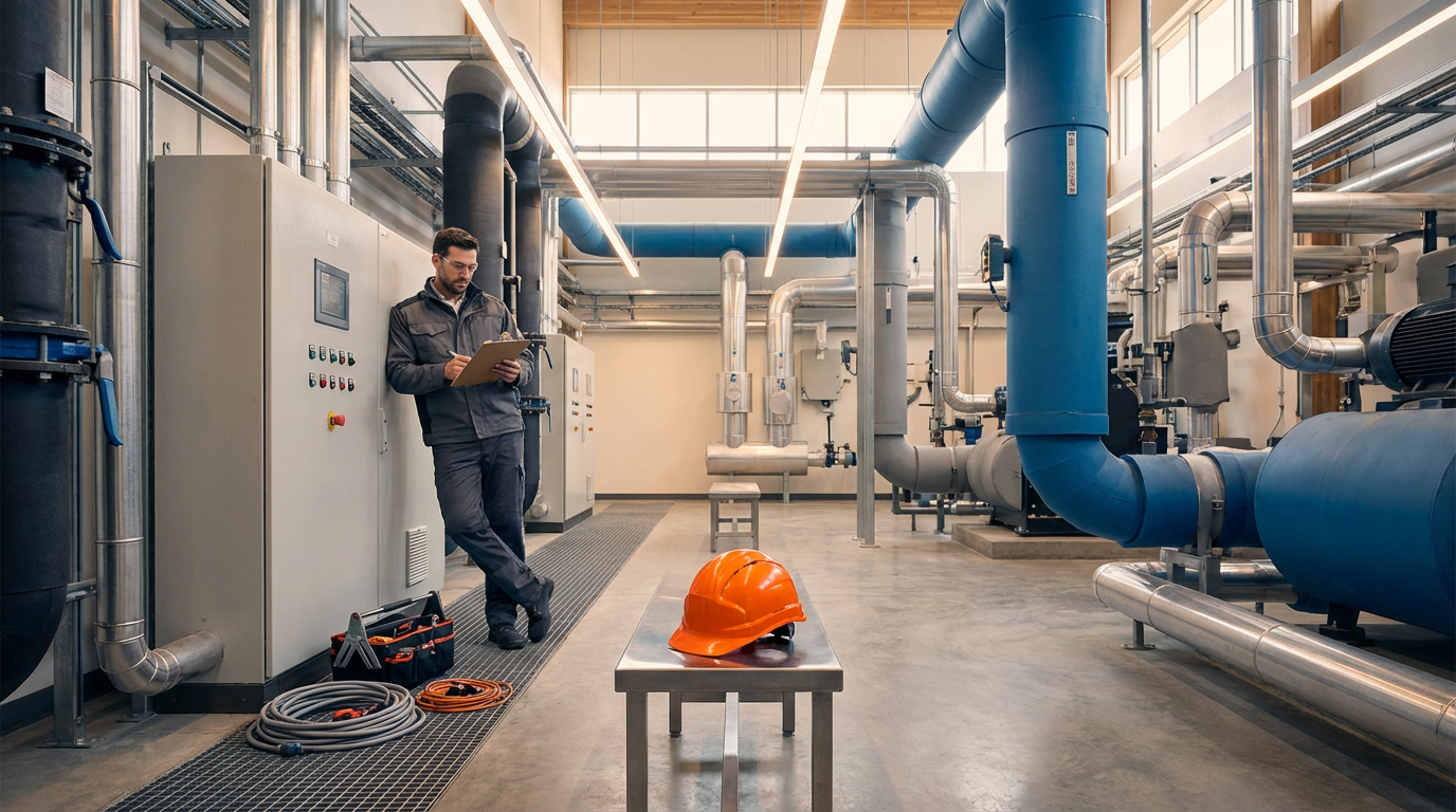 A technician in safety gear standing in an industrial mechanical room, holding a clipboard and working next to control panels and large pipes, with a safety helmet placed on a table.
