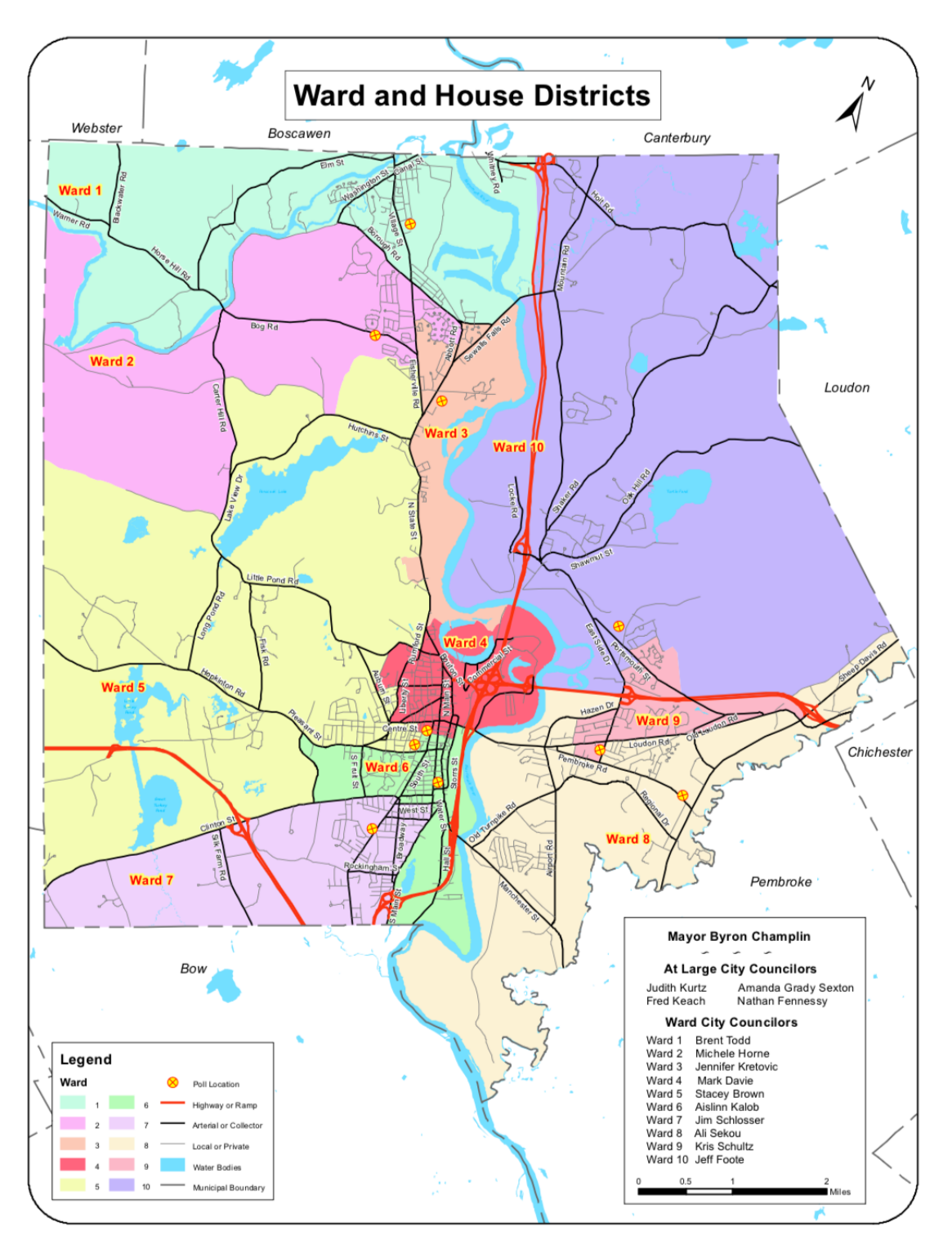 Map of Ward and House Districts for the city, showing district boundaries, highways, water bodies, and poll locations, with a legend and a north arrow.