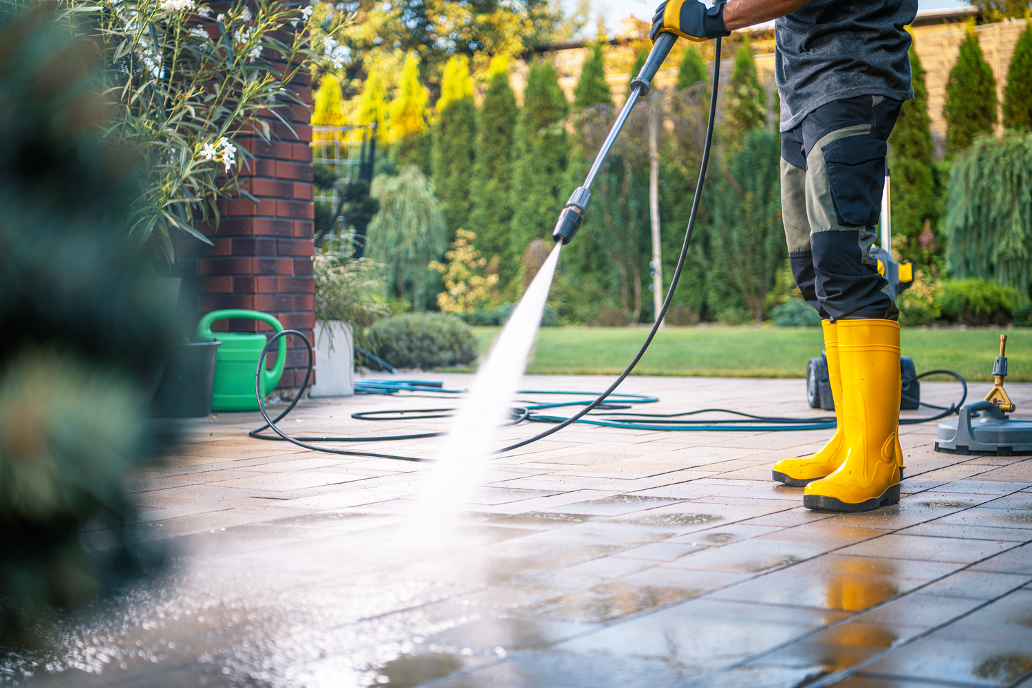 Person using a pressure washer to clean a brick patio in a backyard, wearing yellow rain boots and dark clothing, with green plants and trees in the background.