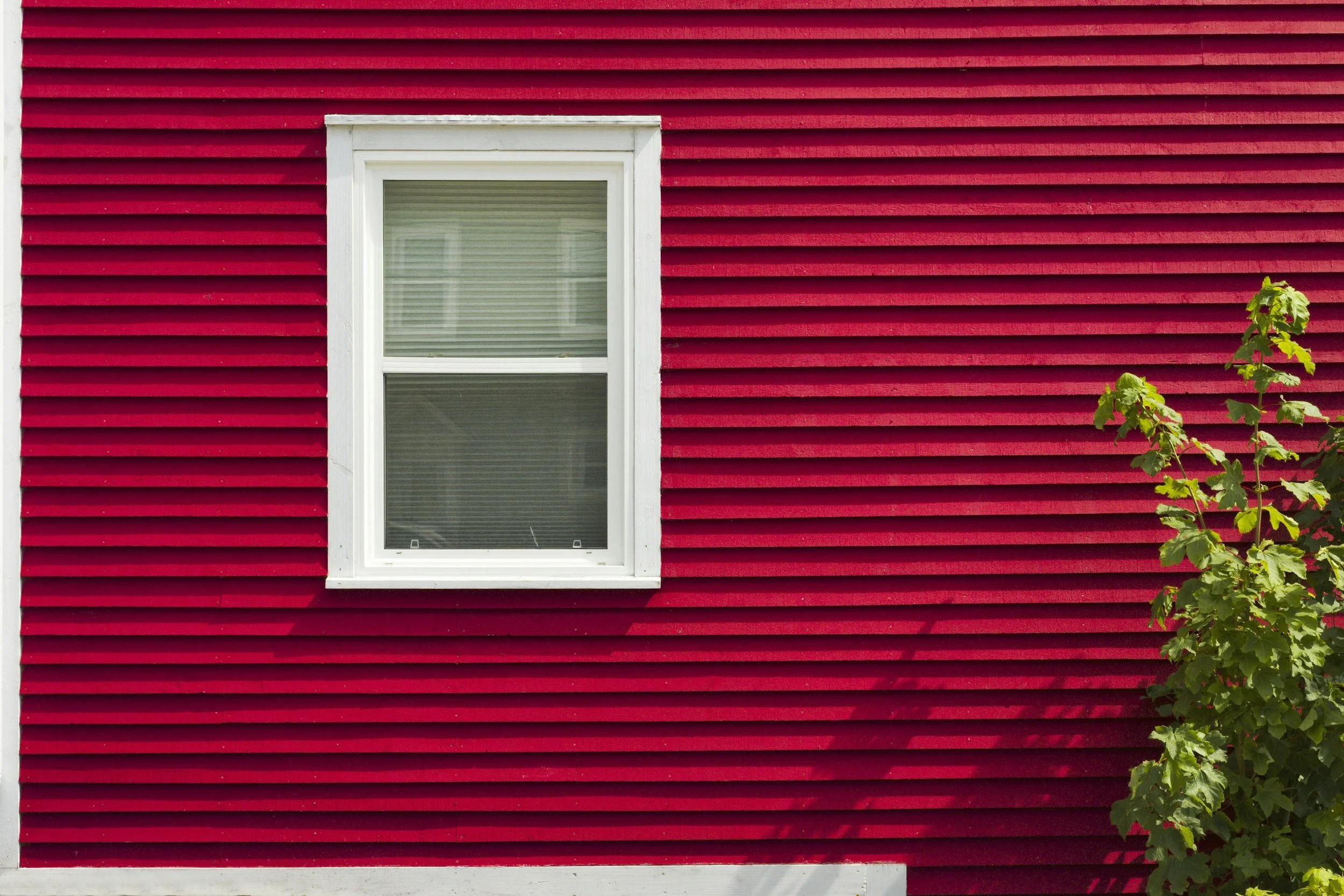 Red house exterior with white window and green plant on the side.