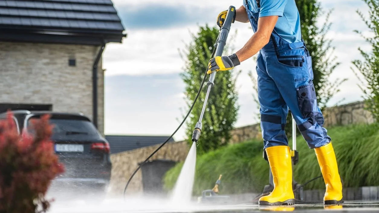 Person wearing yellow rain boots and blue overalls using a pressure washer to clean an outdoor surface.