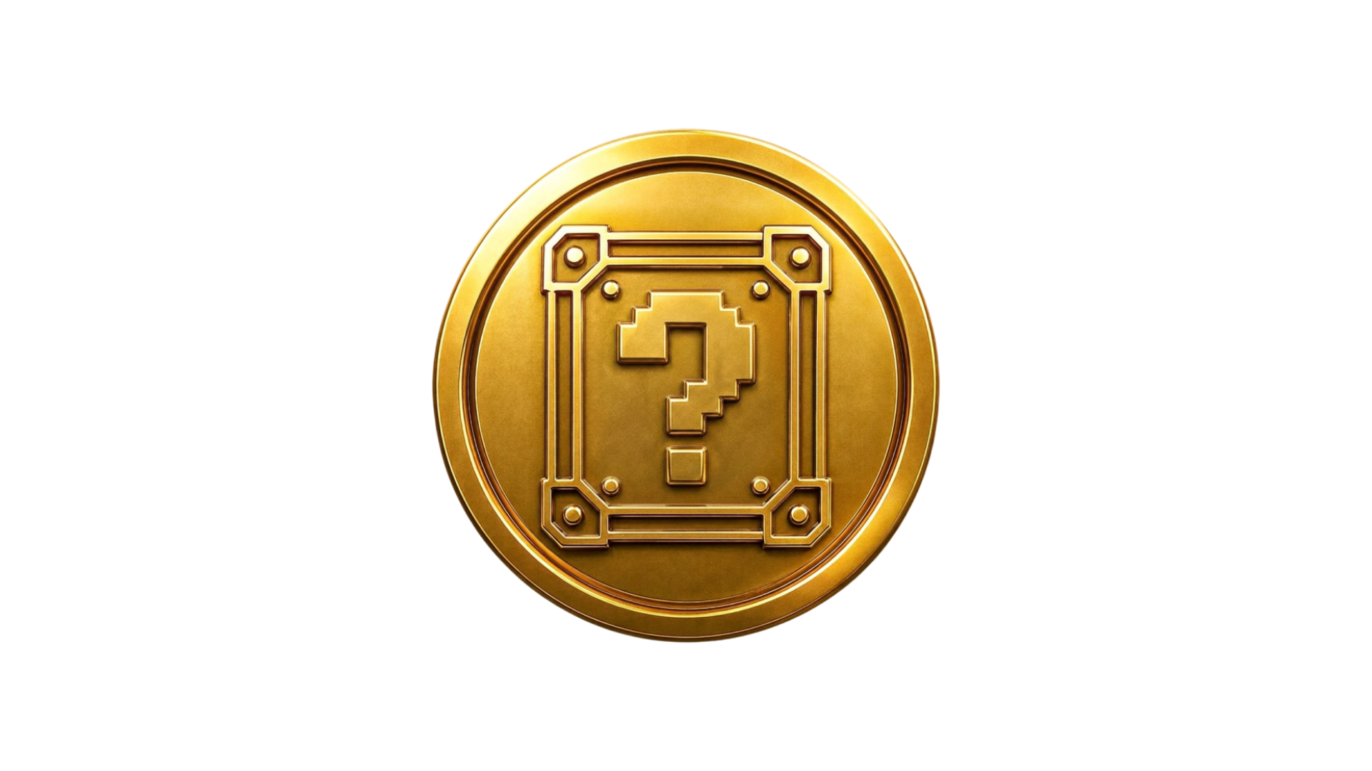Gold coin with a pixelated question mark and a frame reminiscent of a retro video game coin.
