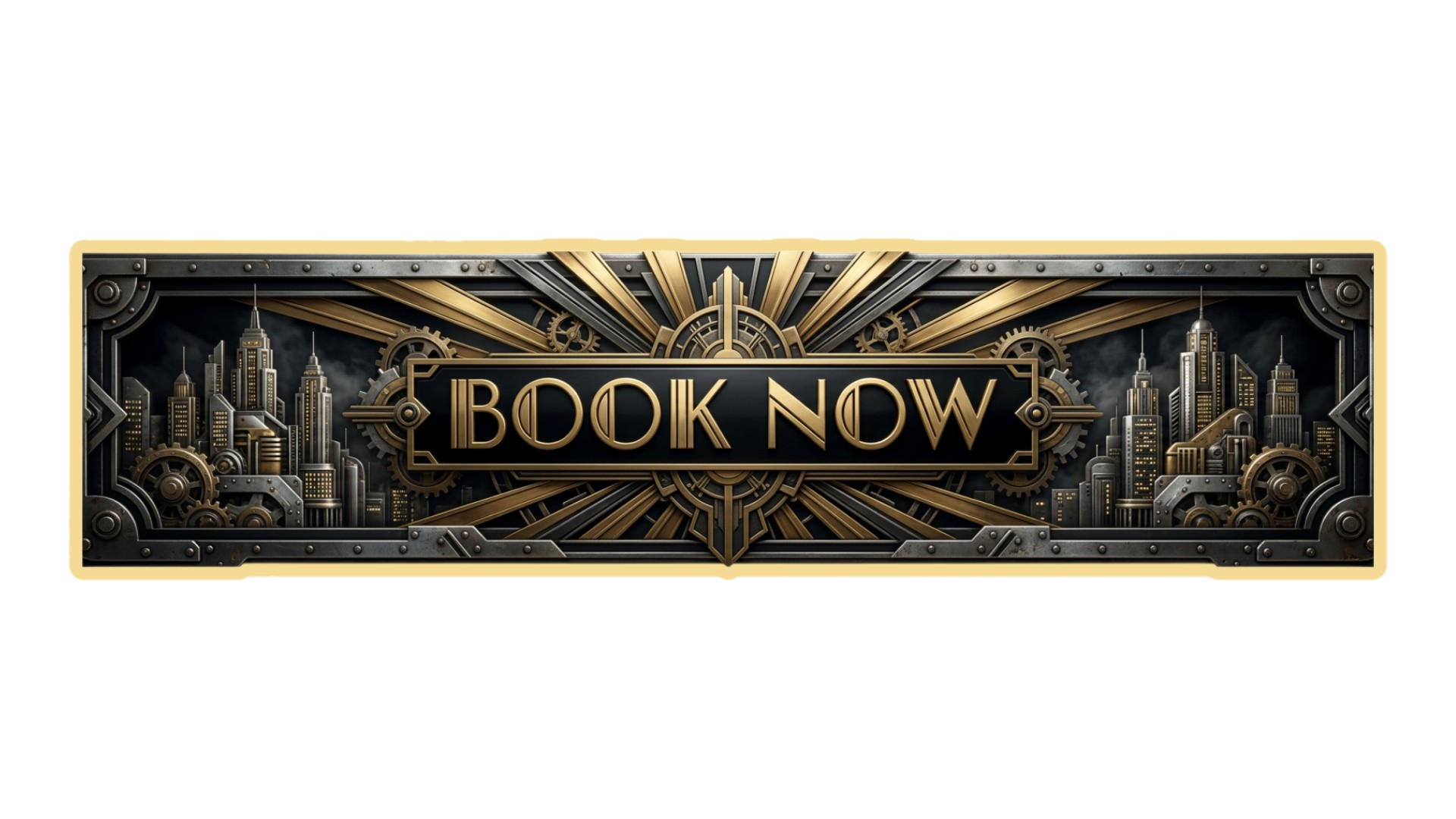 A decorative metallic sign with a city skyline and gears, featuring the words 'BOOK NOW' in gold, art deco style.
