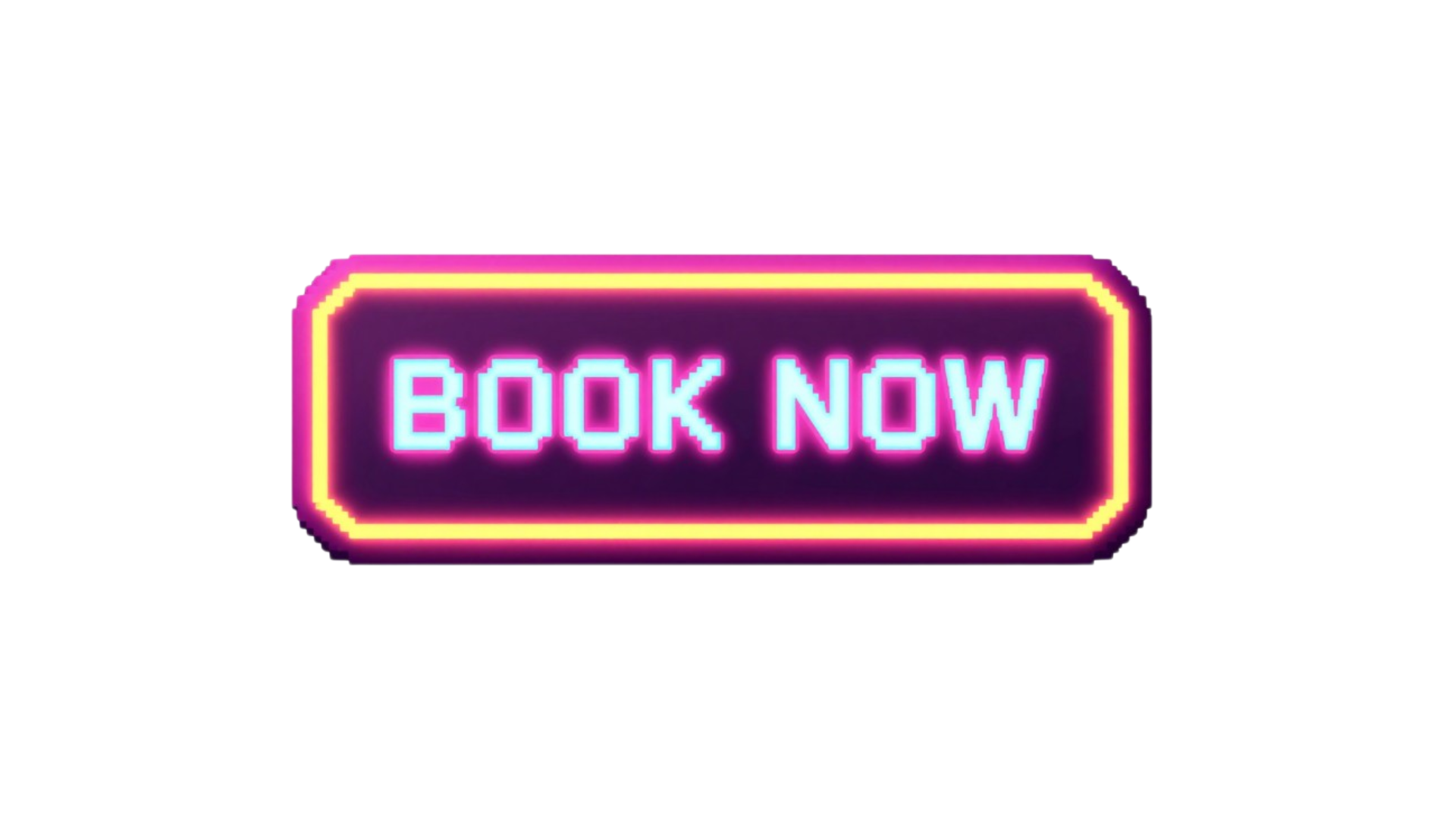 A neon-style digital sign in purple, pink, and blue colors displaying the words "BOOK NOW".