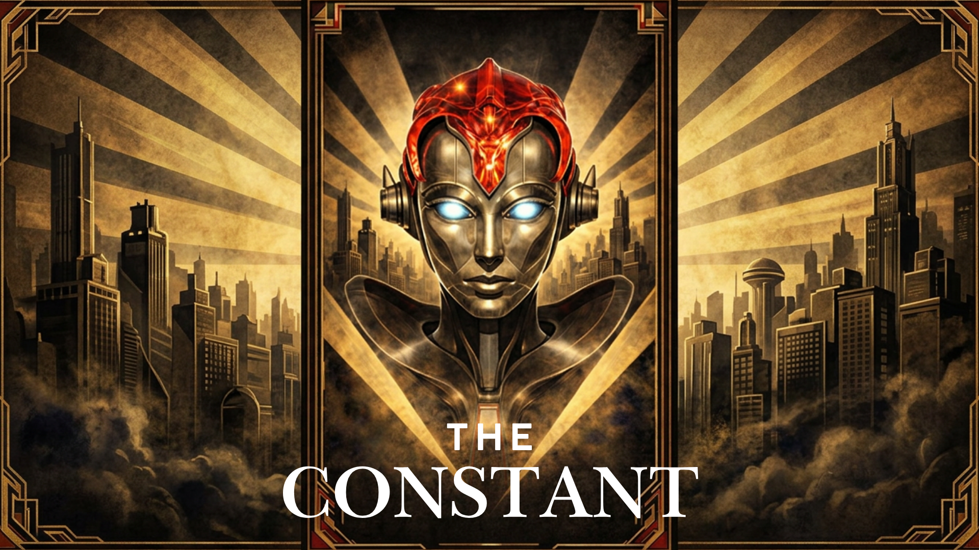 A futuristic city skyline with tall skyscrapers in a sepia tone, featuring a central robotic figure with a metallic face, glowing blue eyes, and a red, fiery helmet. The image has an art deco border and the text reads "THE CONSTANT" at the bottom.