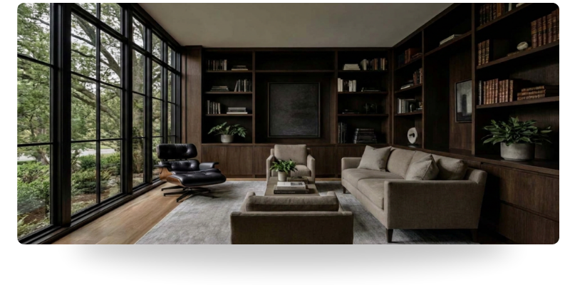 Cozy therapy office library with built-in bookshelves, large windows, and comfortable seating for anxiety and life transitions counseling
