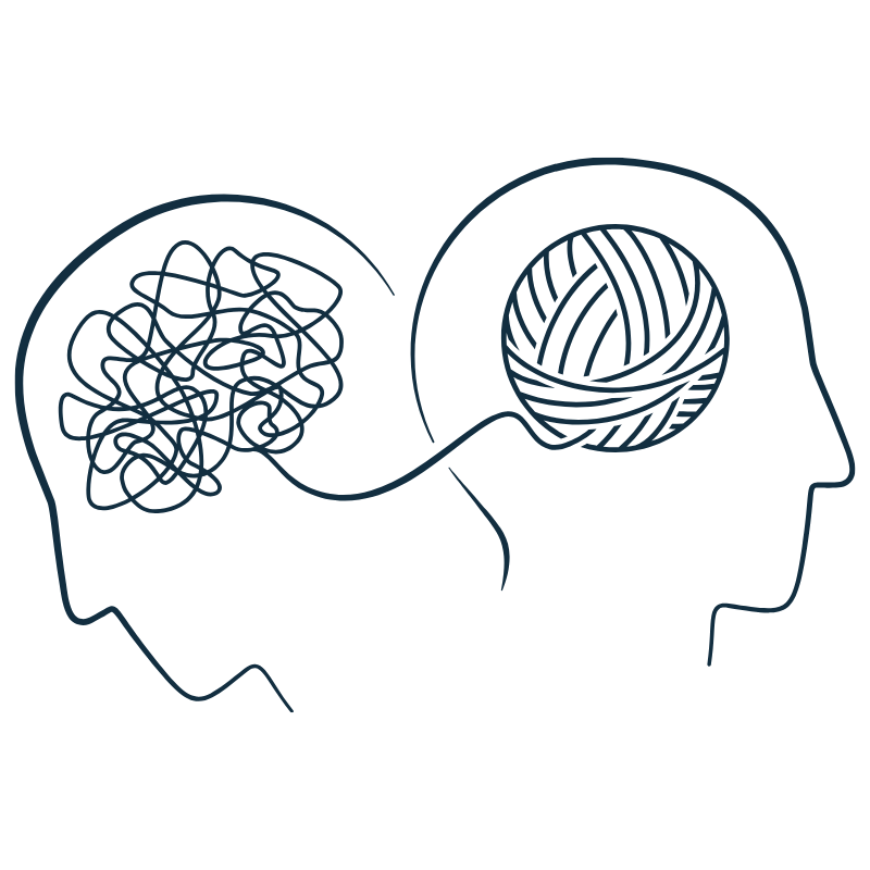 Line drawing of two profile heads with tangled and organized thought patterns, representing therapy for anxiety and life transitions