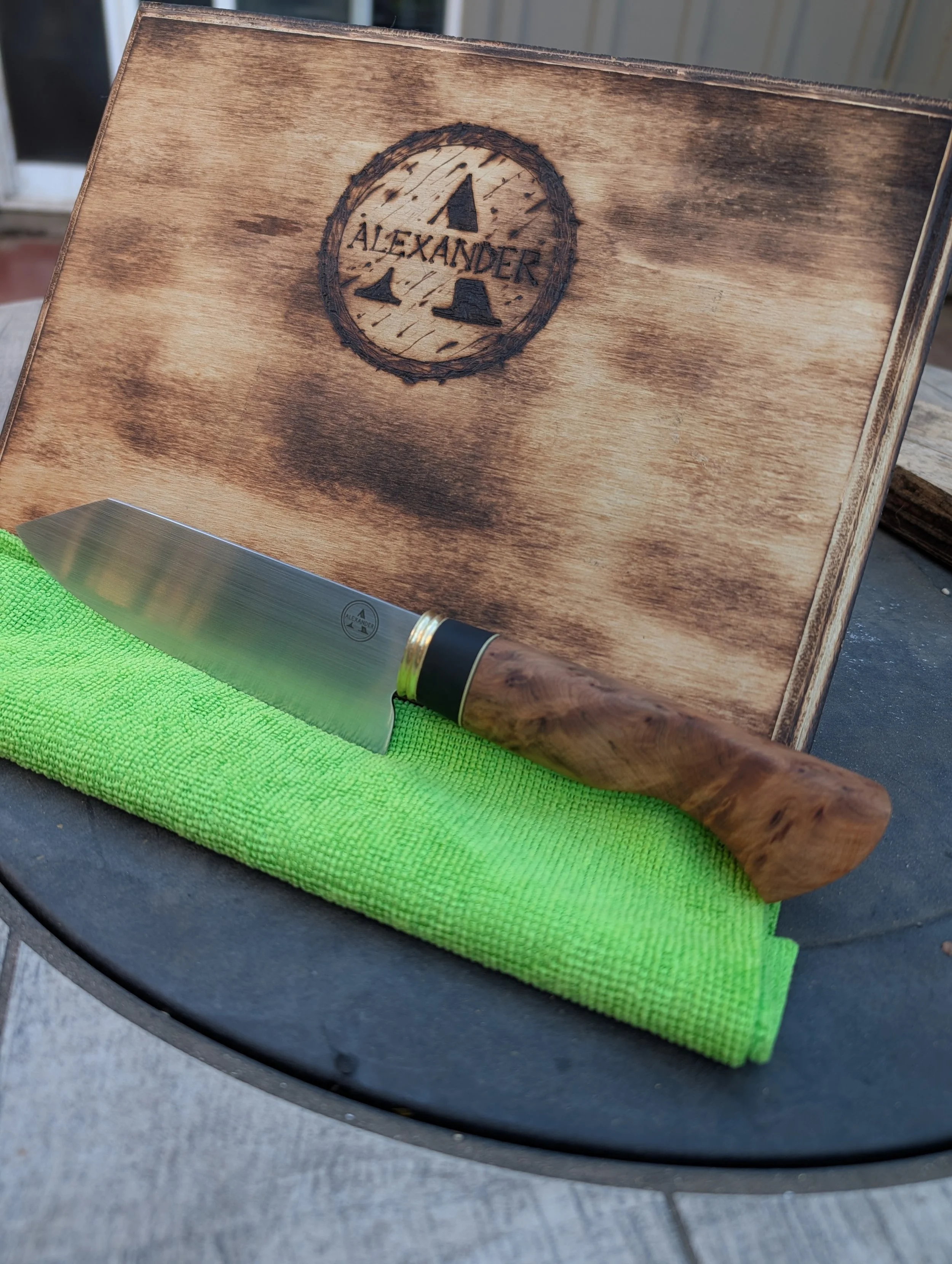 Handcrafted Stainless Steel Kitchen Knife – Thuya Burl, Ebony, & Brass