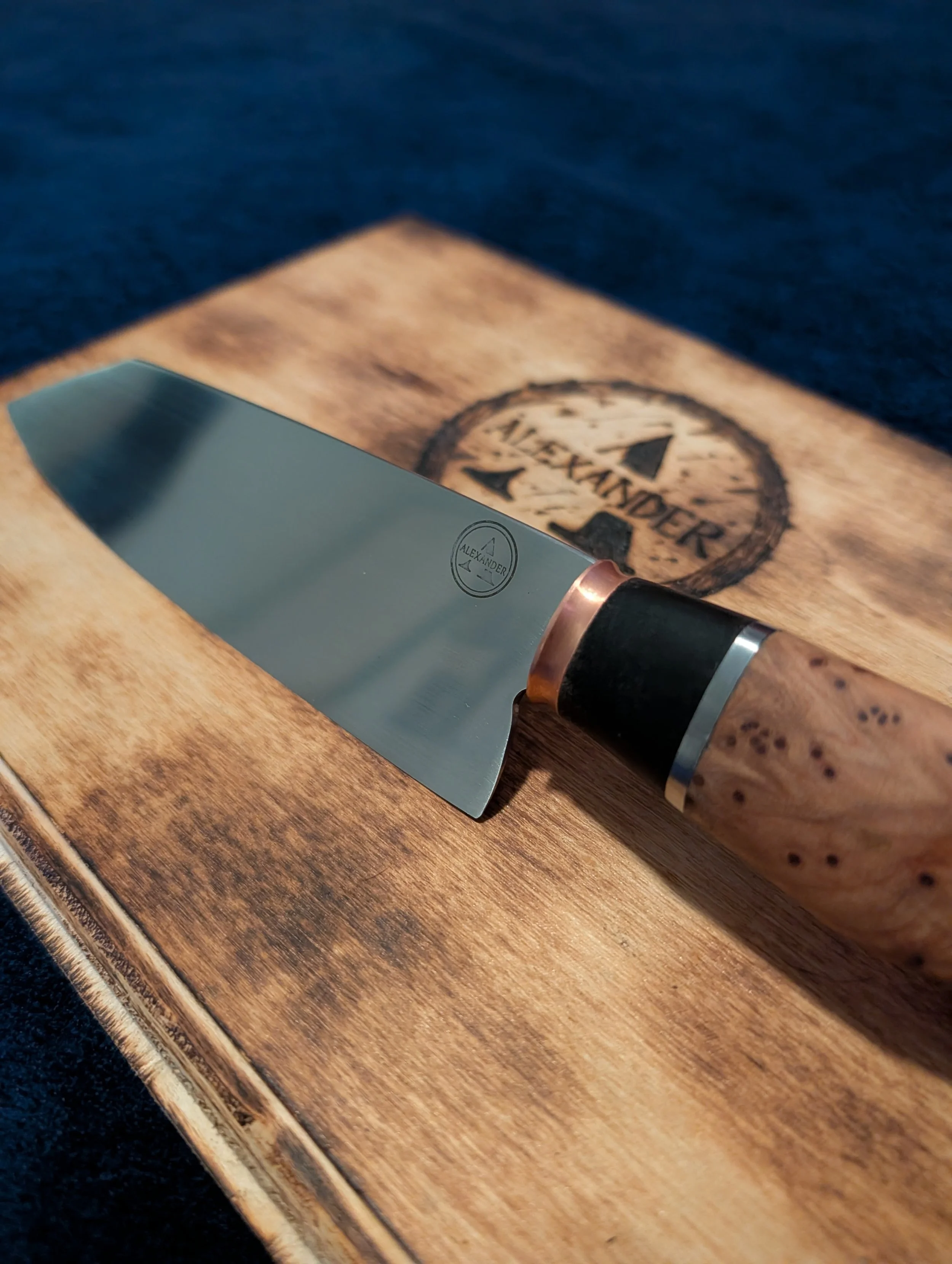 Handcrafted Stainless Steel Kitchen Knife – Thuya Burl, Ebony, & Dished Copper