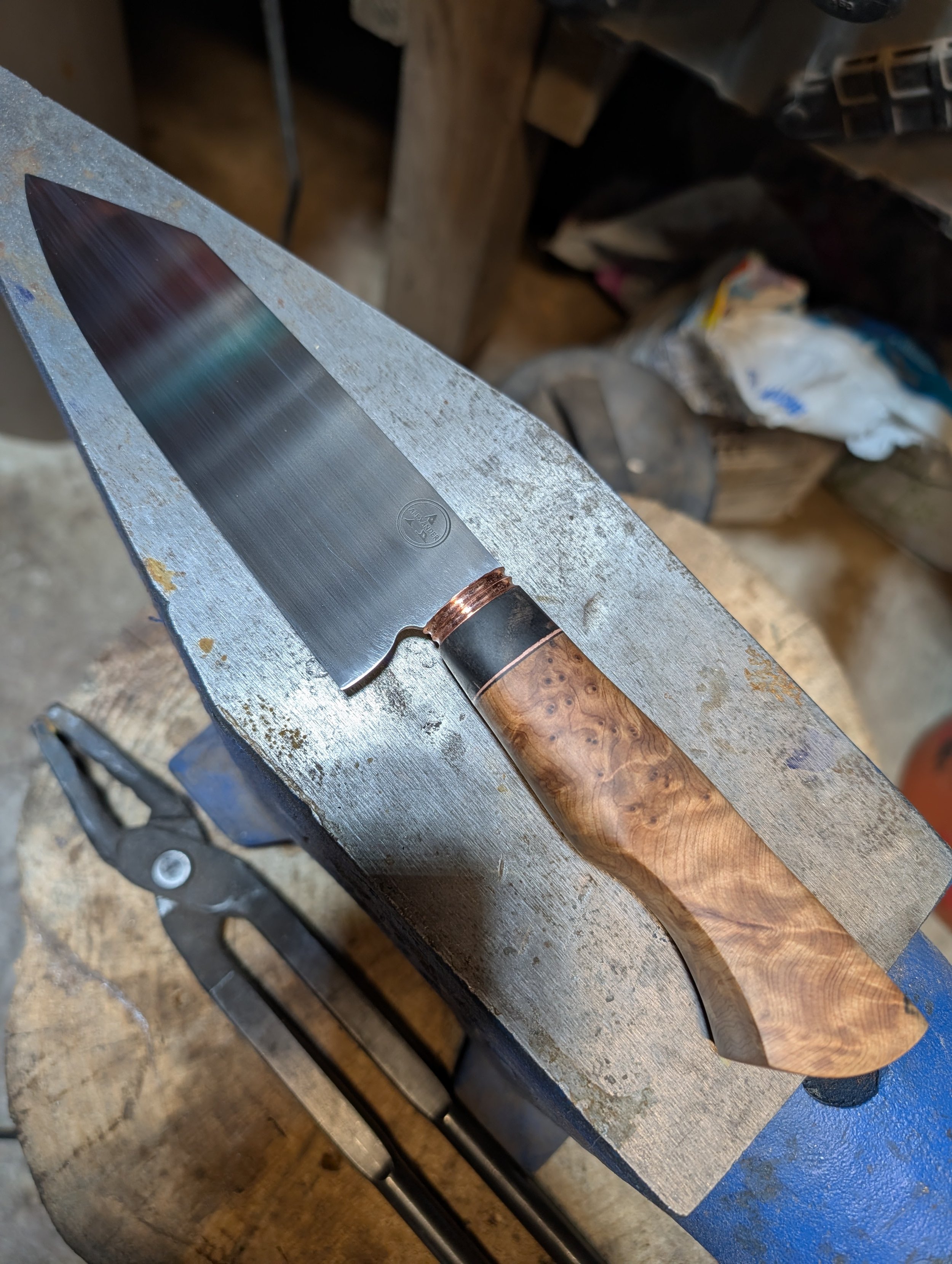 Handcrafted Stainless Steel Kitchen Knife – Thuya Burl, Ebony, & Dished Copper