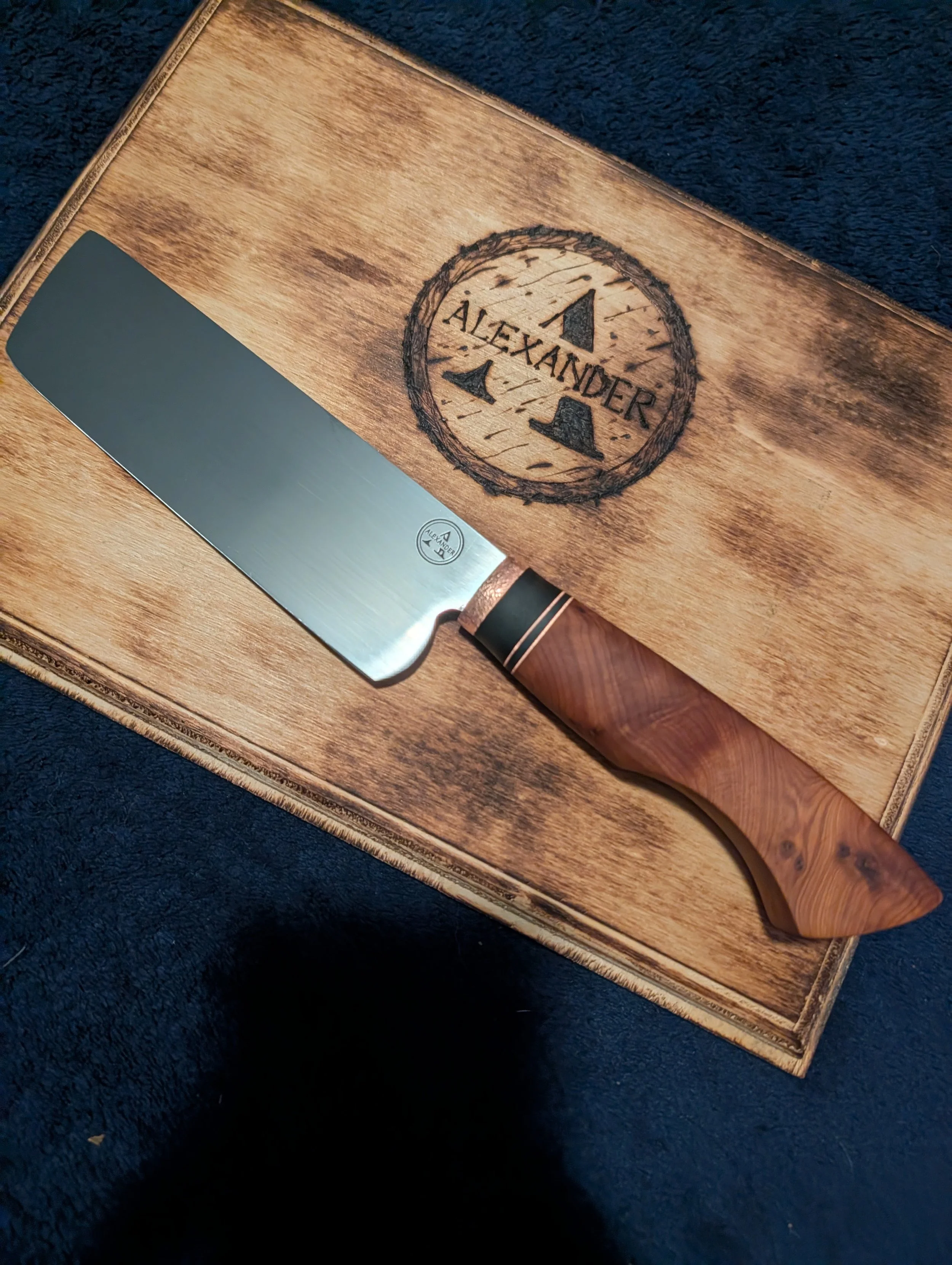 Handcrafted Stainless Steel Kitchen Knife – Thuya Burl, Ebony, & Hammered Copper