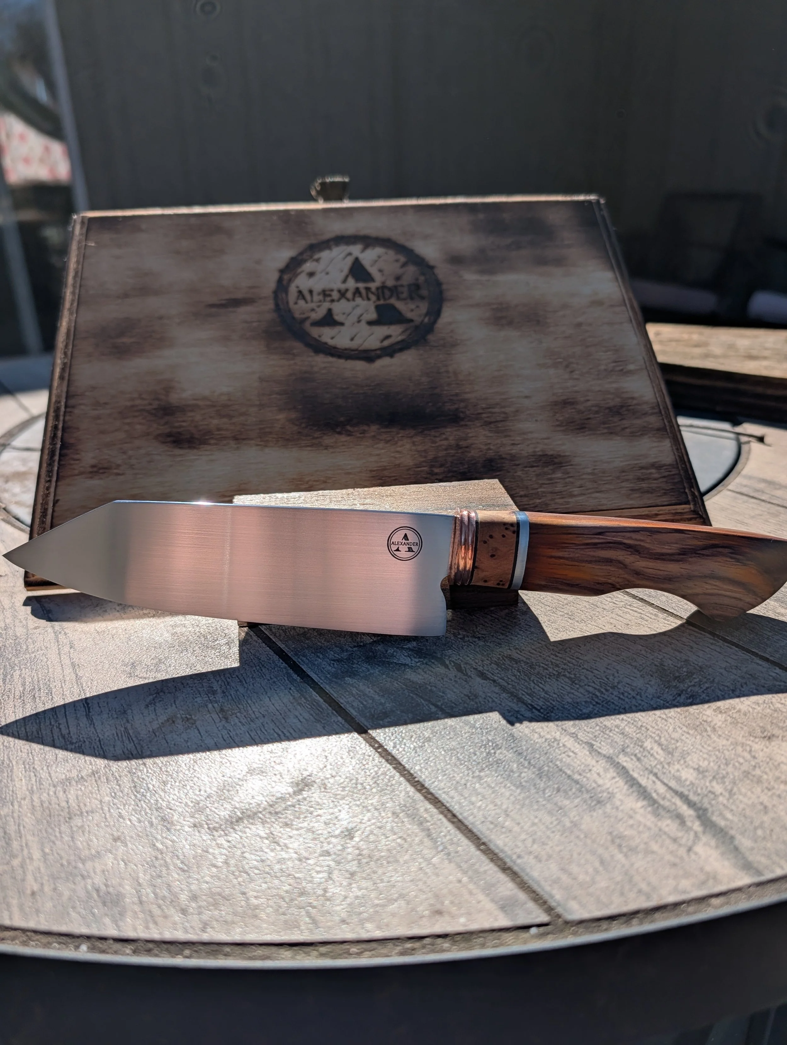 Handcrafted Stainless Steel Kitchen Knife – Thuya Burl, Cocobolo, & Dished Copper