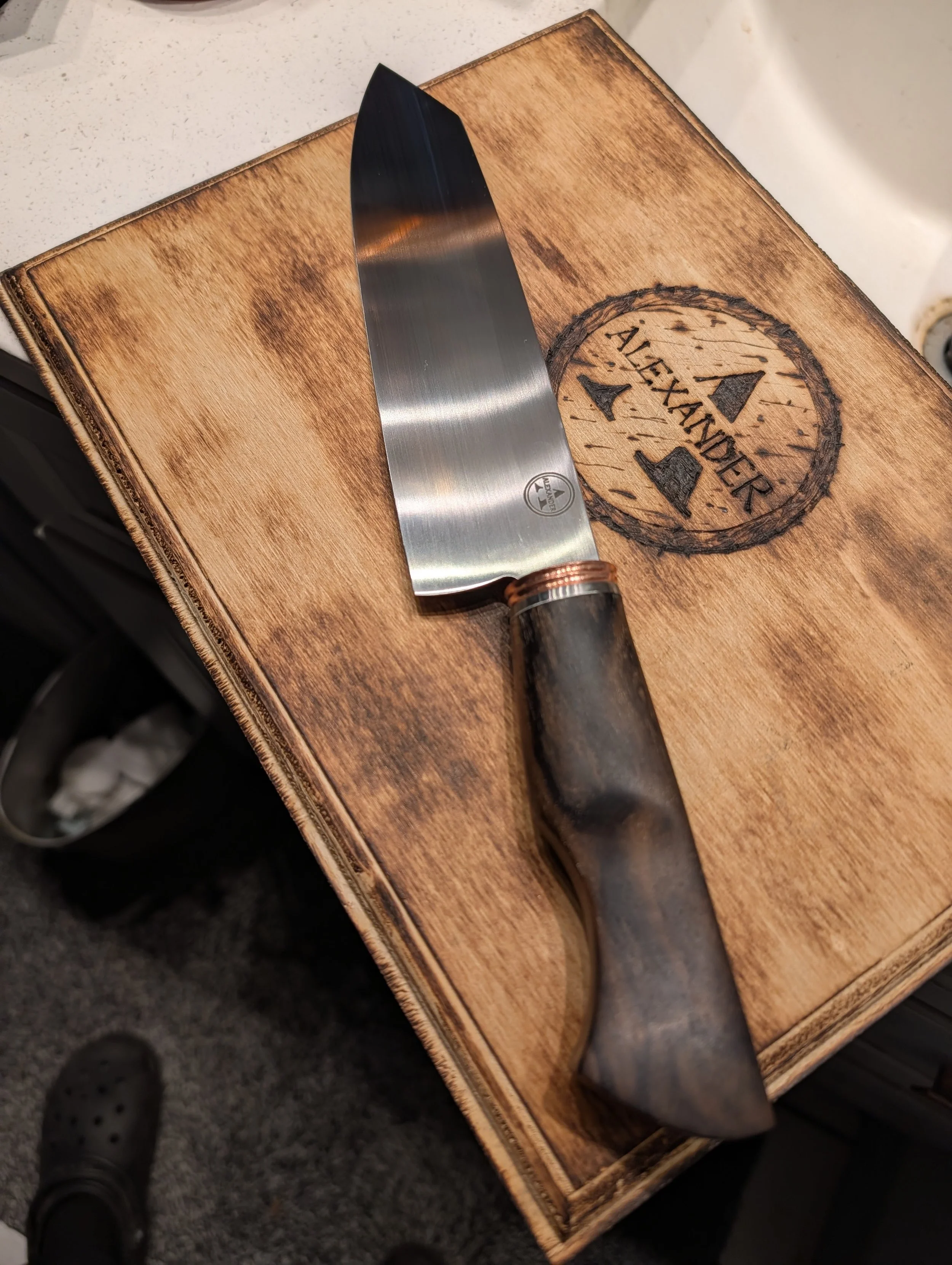 Handcrafted Stainless Steel Kitchen Knife – Ziricote, Dished Copper, & Stainless Steel
