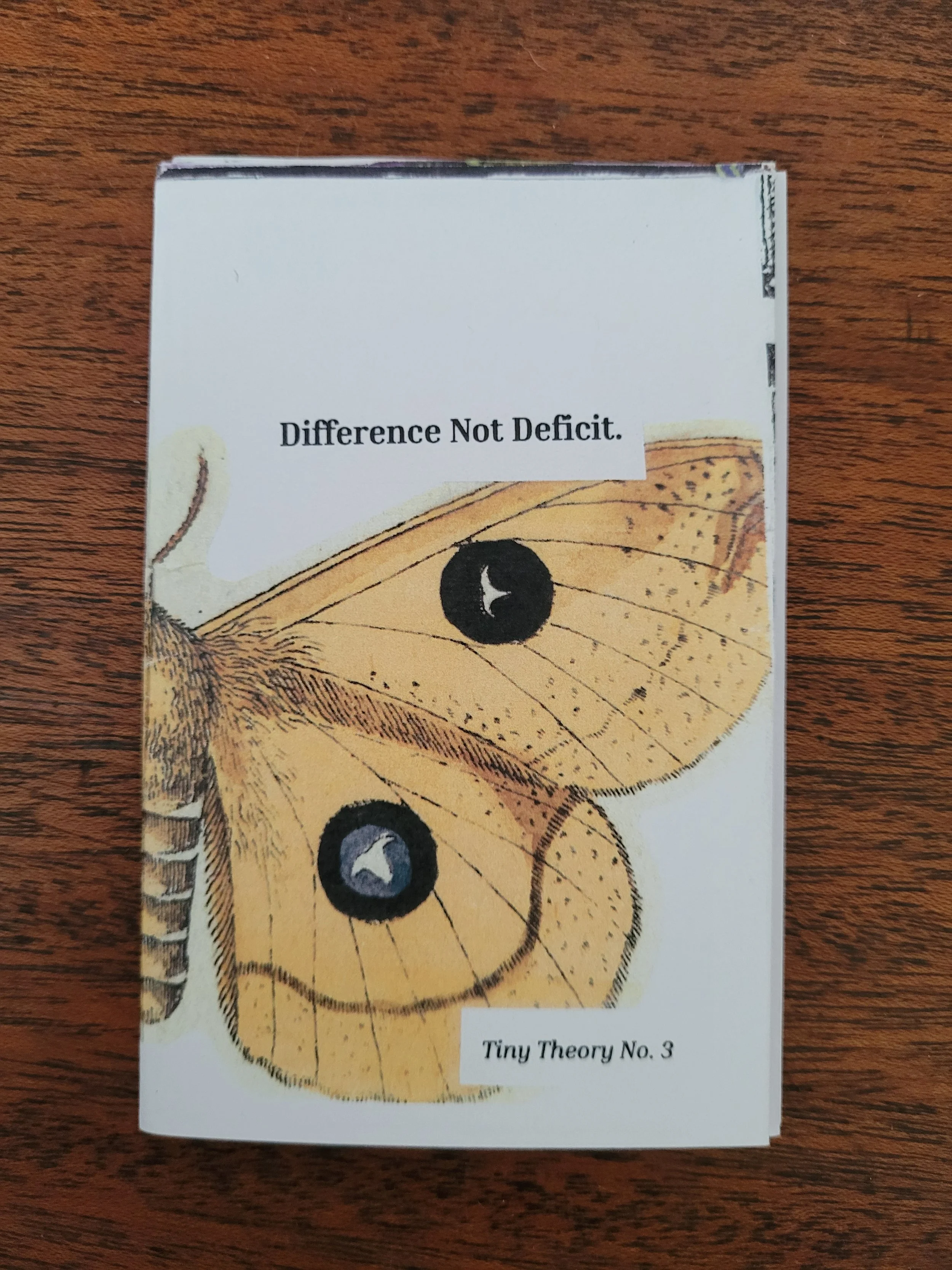 A zine titled "Difference not Deficit, Tiny Theory No. 3" with a close-up illustration of a butterfly's eye and wing pattern on a wooden surface.