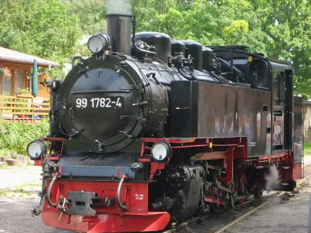  Rasender Roland tuffar på genom bokskogen på Rügen. 