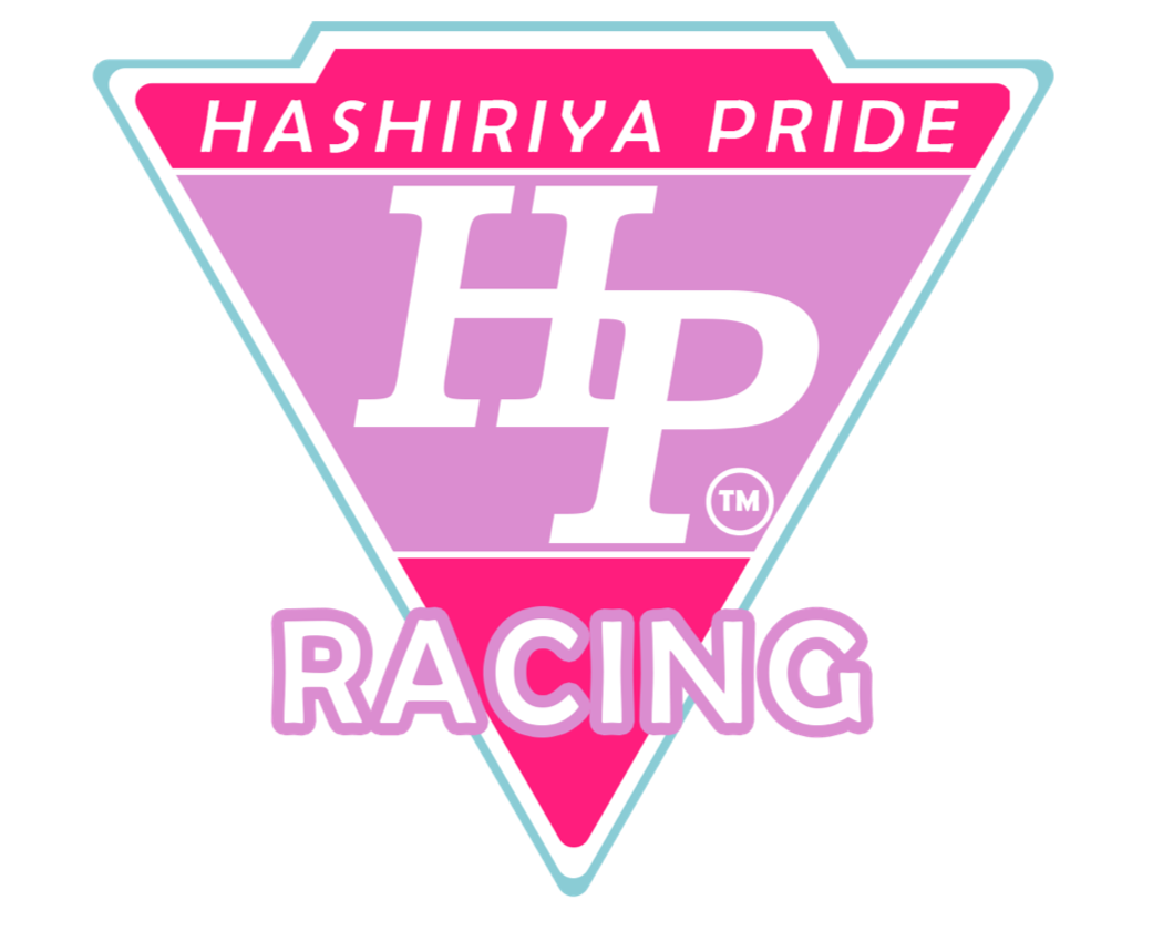 Logo for Hashiriya Pride Racing featuring a pink and purple shield with white lettering and accents.