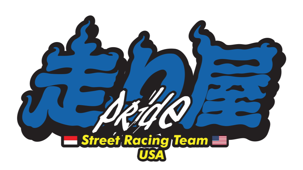 Logo for the 'Street Pride' street racing team from the USA, featuring blue stylized Chinese characters, the word 'pride' in white cursive, and flags of the USA and Indonesia.
