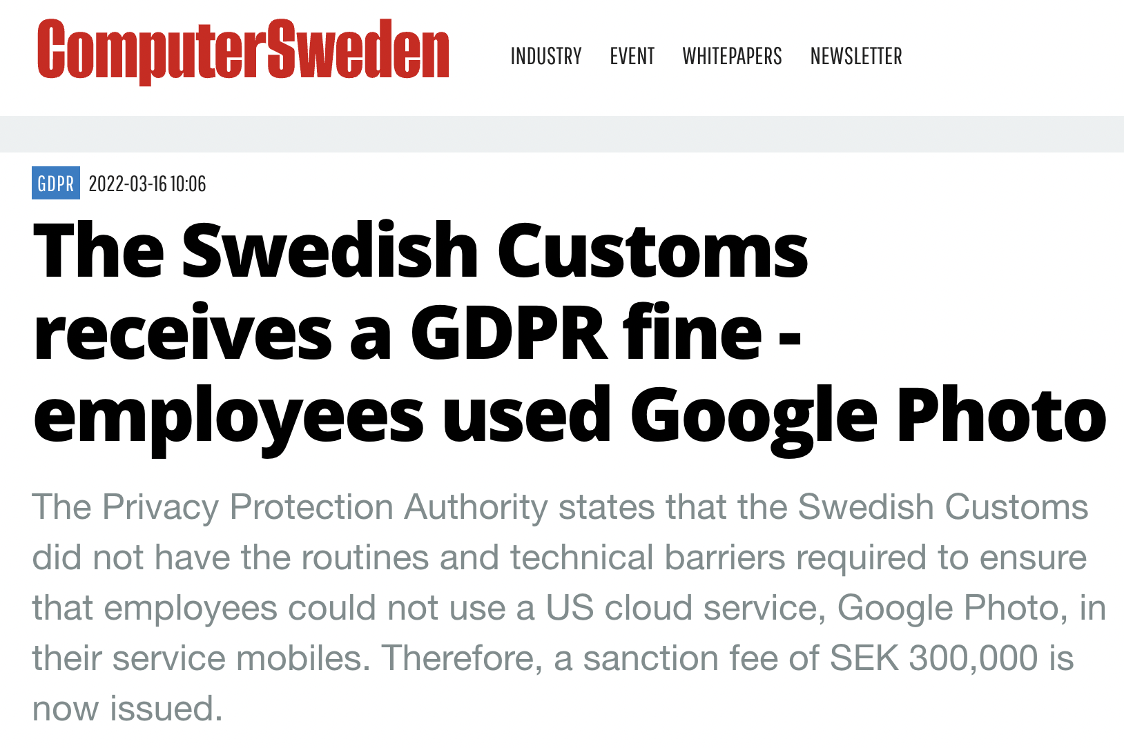 ComputerSweden screenshot of GDPR fine